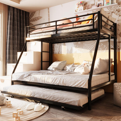 SUNLEI Twin Over Full Bunk Beds with Trundle, Heavy Duty Metal Triple Bunk Bed Frame, 3 Beds Space Saving Bunk Bed with Guardrails & Ladder, No Box Spring Needed, for Kids Teens Adults Bedroom, Black
