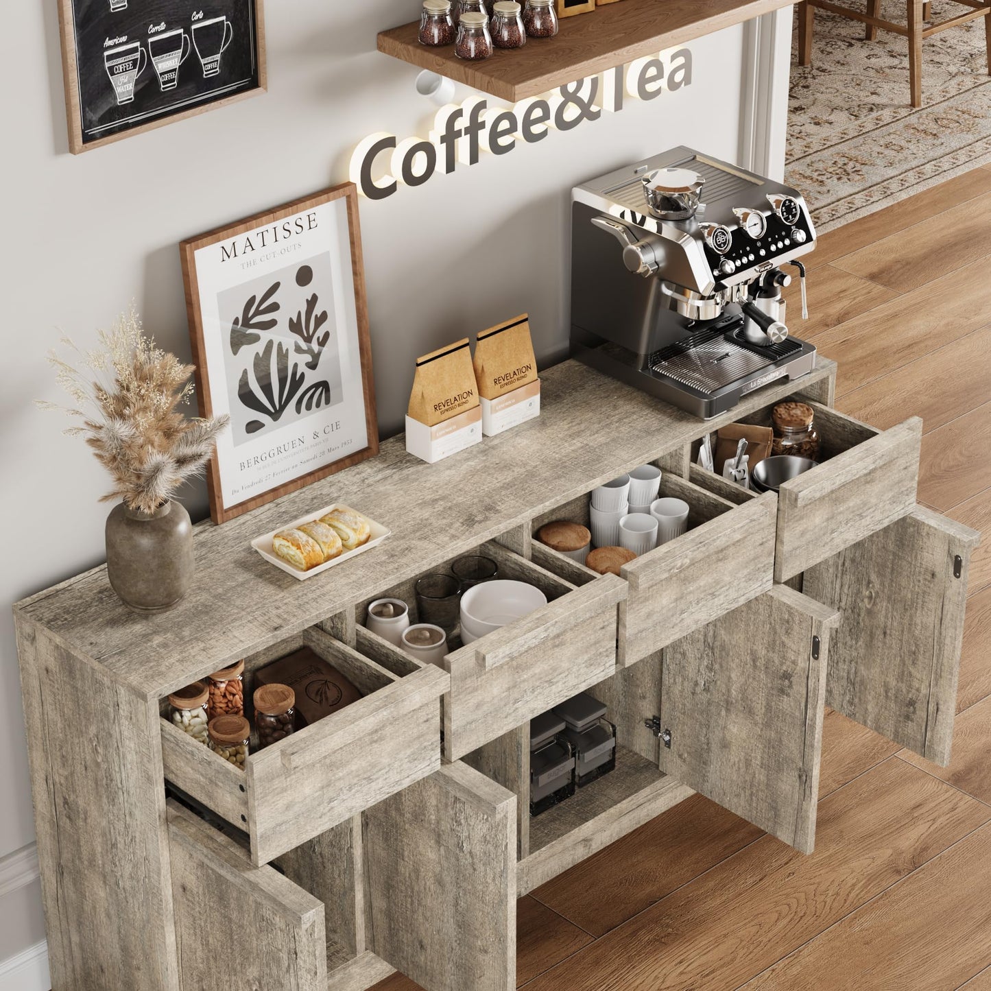 PioneerWorks Sideboard Buffet Cabinet with 4 Drawers, 62.4 Inch Large Coffee Bar Cabinet, Modern Storage Cabinet for Kitchen Dining Room, Gray Buffet Table with Storage, 4 Doors & 4 Drawers