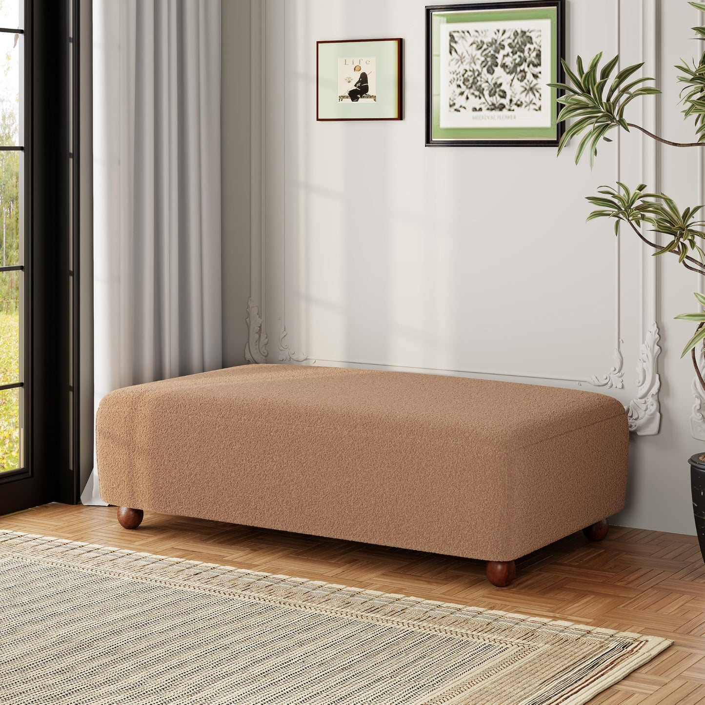 Christopher Knight Home Rika 48" Comfy Boucle Upholstered Bedroom Bench, Ottoman Bench with Rounded Wooden Legs, Spacious Seating, Long Footstool for Living Room, Entryway Bench, Tan Brown