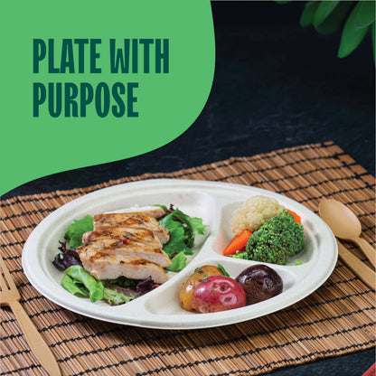 100% Compostable, 3 Compartment, Disposable Paper Plates [125-Pack] - {PFAS Free} - {BPA Certified} - [10 Inch] Heavy Duty Biodegradable Bagasse Sectional Lunch Trays + Dividers - Divided Platte Tray