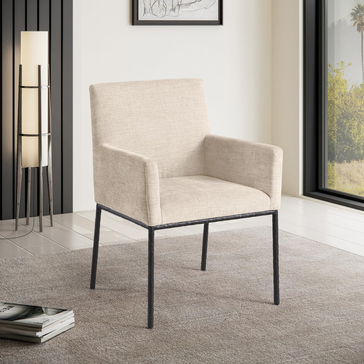 Meridian Furniture 11001Beige-C Reeves Collection Modern | Contemporary Dining Chair with Soft Beige Chenille Fabric, Matte Black Forged Iron Legs & Frame, 24" W x 24.5" D x 34" H, Beige, Set of 2