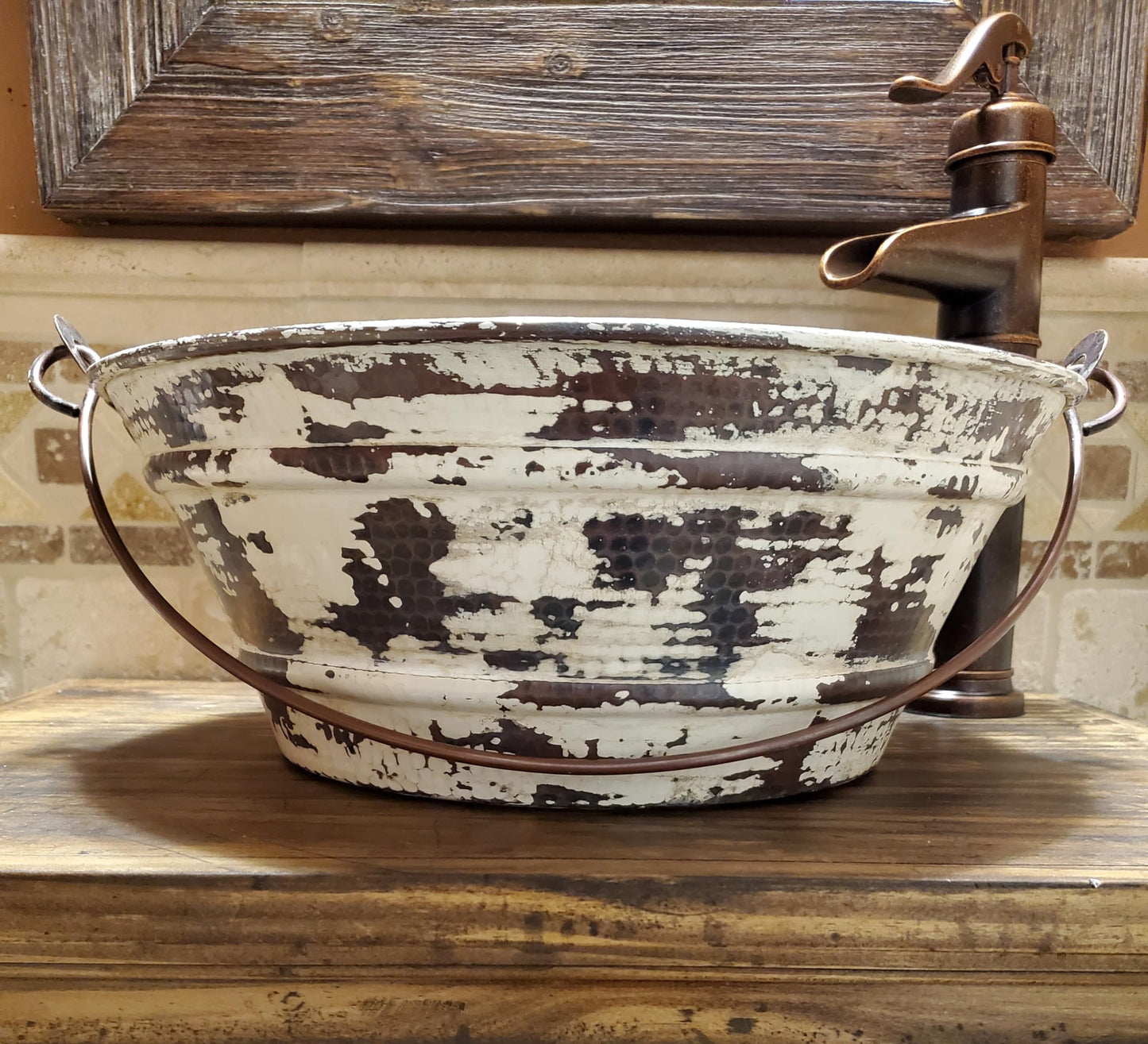 Simply Copper 15" Round Cottage Chic Copper Vessel BUCKET Bathroom Sink with Distressed Antique White Exterior