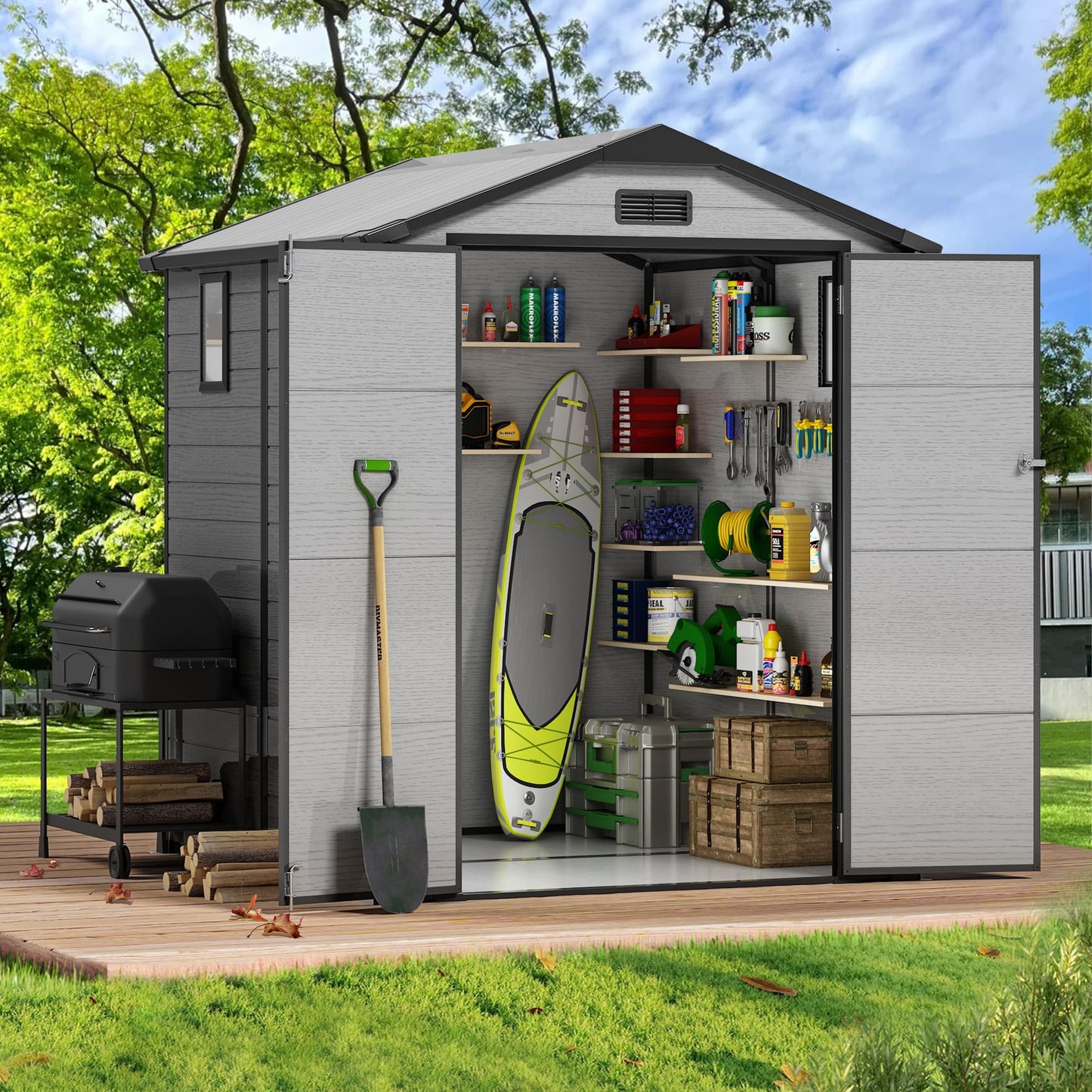 6x6 FT Plastic Outdoor Storage Shed with Transparent Roof, Easy Assembly Resin Shed with Floor Lockable Shed with Double Doors for Your Backyard Garden Patio Lawn