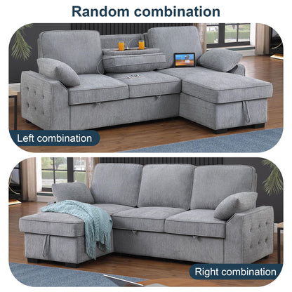 ERYE L-Shaped Pull Out Sleeper Couch Bed, Modern Chenille Upholstered Button Tufted Corner Couch Reversible Sectional Sleeper Sofa Bed W/Storage Chaise, Cup Holders