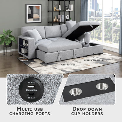Lexicon 92.5" W L Shape Sectional Couch with Right Storage Chaise and Pull Out Sofa Bed, Sectional Sleeper Sofa with Memory Foam Seat Cushion, Charging Port, Storage Shelf for Living Room, Gray