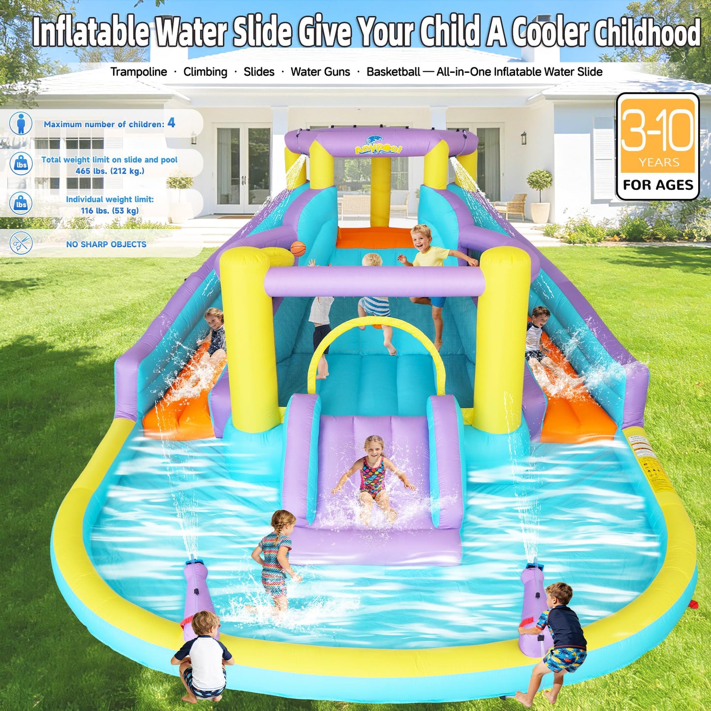 7-in-1 Inflatable Water Slide Bounce House with 3 Slides, Splash Pool, Climbing Wall, Water Gun & Basketball – for Kids Aged 3-10, 520W Blower, 168 x 150 x 78 Inches, Outdoor Backyard Fun