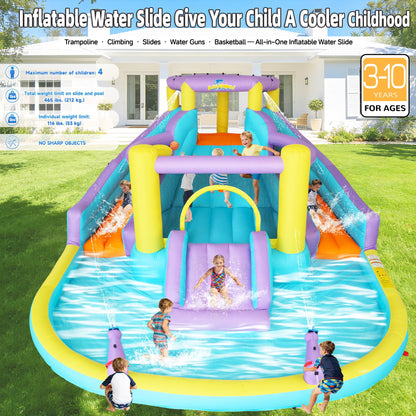 7-in-1 Inflatable Water Slide Bounce House with 3 Slides, Splash Pool, Climbing Wall, Water Gun & Basketball – for Kids Aged 3-10, 520W Blower, 168 x 150 x 78 Inches, Outdoor Backyard Fun