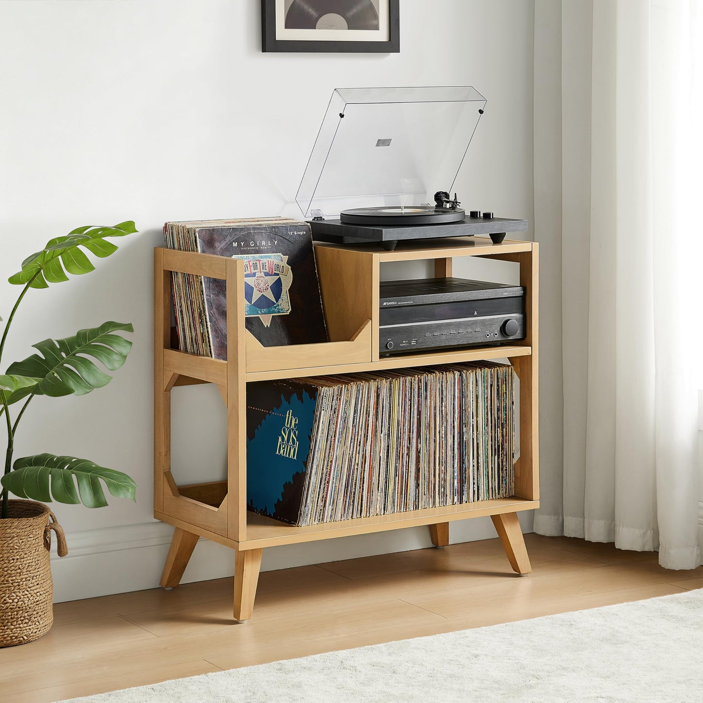 Crosley Furniture Asheville Mid-Century Modern Record Player Stand, Storage for Vinyl Records, Media Console, Natural