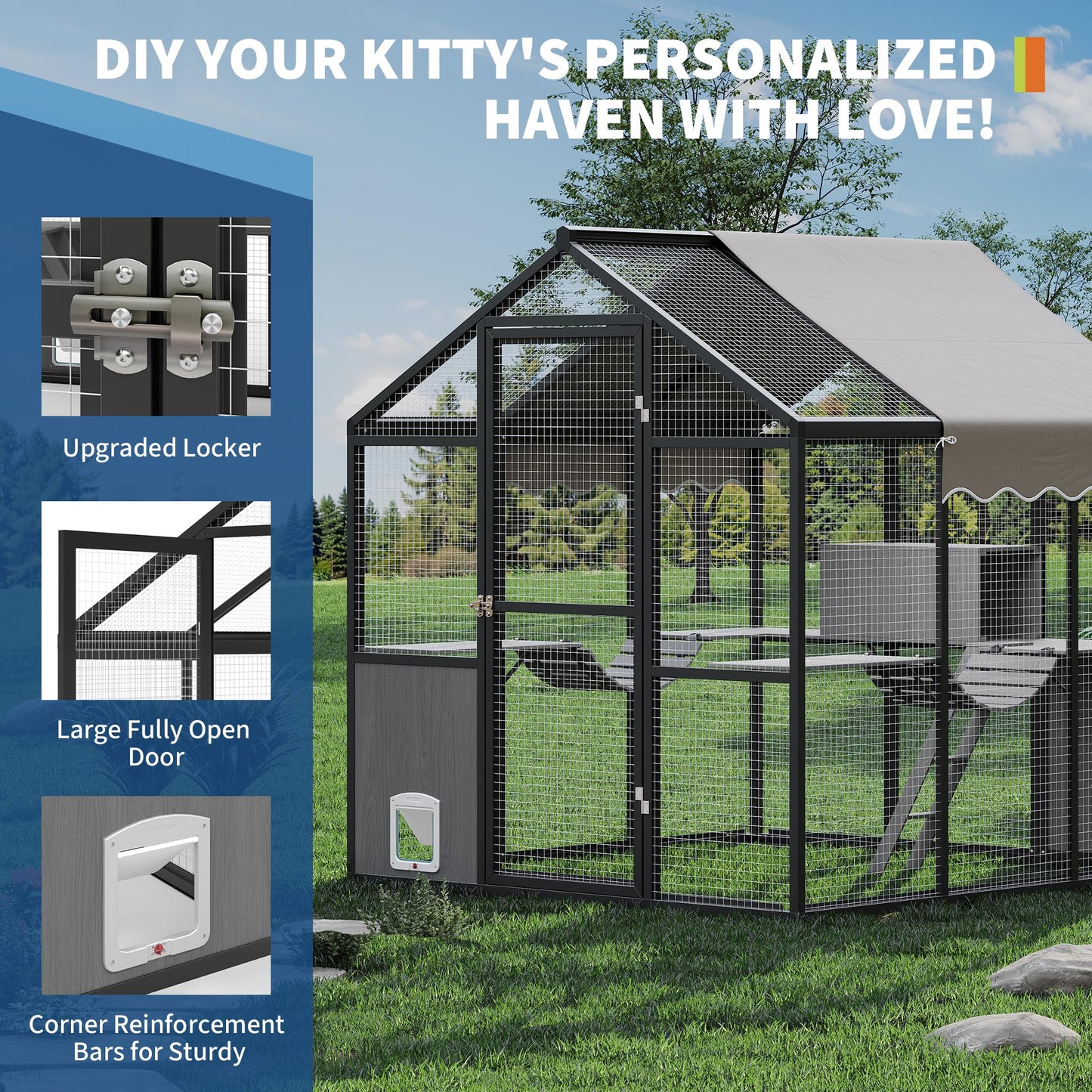 Garvee Large Outdoor Cat Enclosure for Multiple Cats - Weatherproof Catio with UV Cover, Platform & Side Door