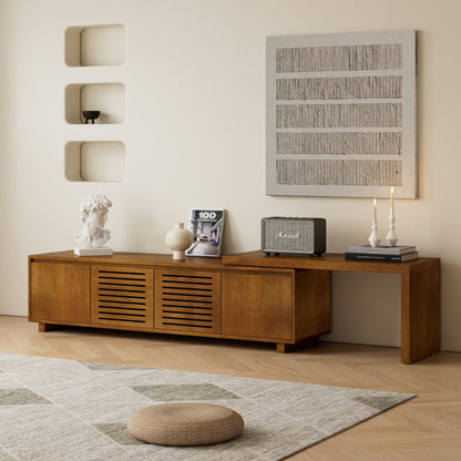 KEIKI 63" Mid-Century Modern Extendable TV Stand for TVs up to 75", Adjustable Entertainment Center with Storage, Farmhouse Media Console Cabinet with Fluted Wood Grain Design, Brown