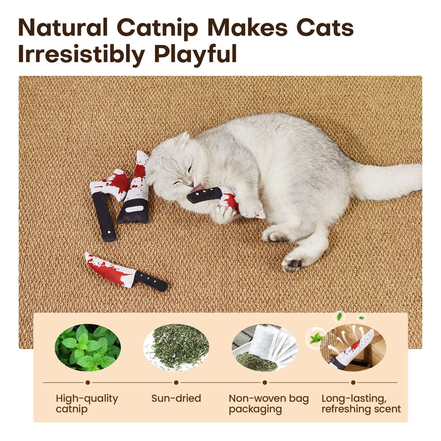 Potaroma 4Pcs Cat Toys, Horror Knife-Shaped Kitten Catnip Crinkly Sound Toys, Indoor Exercise for All Cat Breeds 6.5 Inches