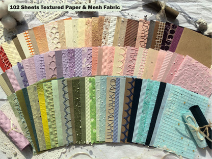 Flartmo 102 Sheets Textured Scrapbook Paper and Mesh Fabric Kit, 6 Pack Handmade Special Decorative Decoupage Paper for Scrapbooking Bullet Junk Journal Supplies Cards Crafts( 6 x 4 inches)
