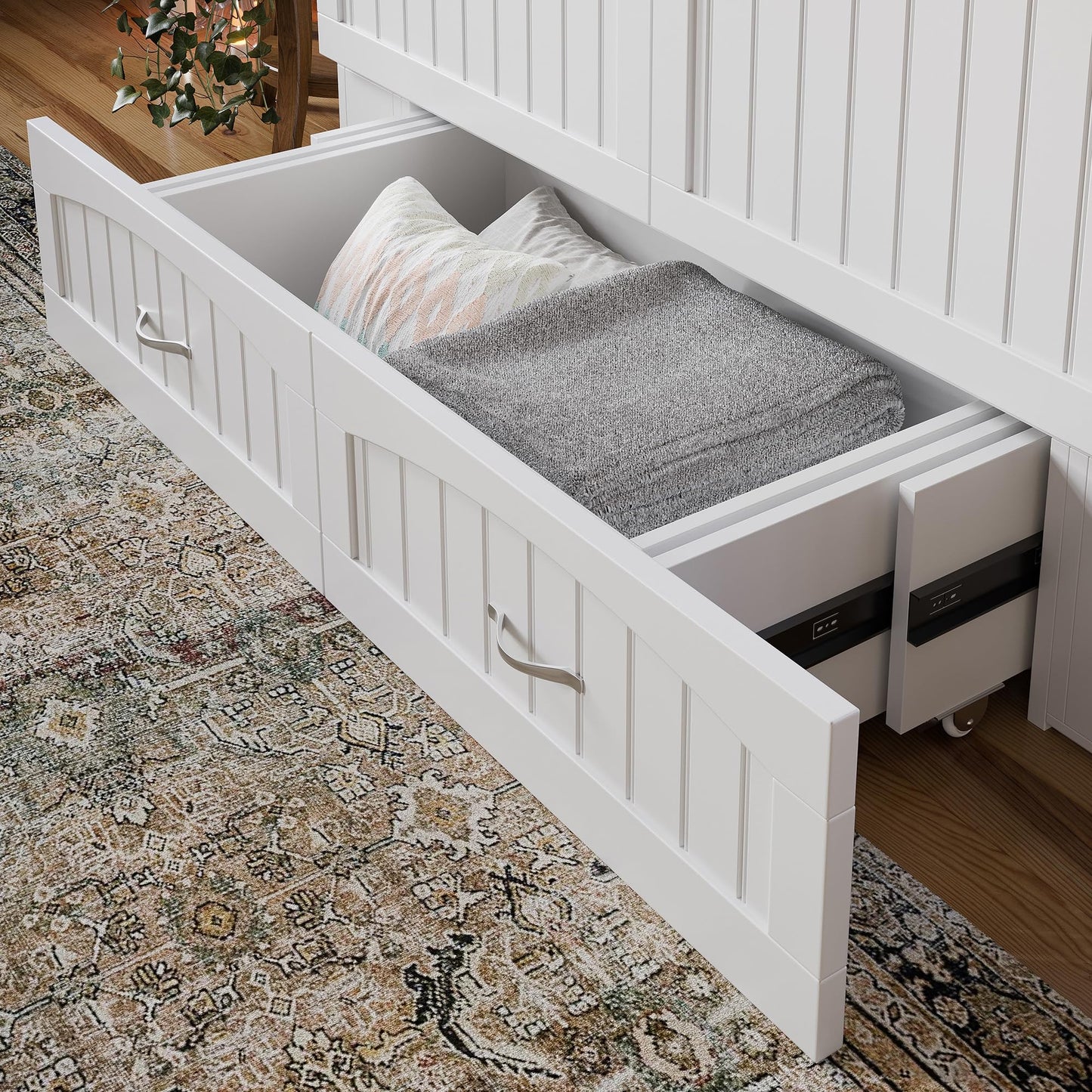 AFI, Southampton Murphy Bed Chest Full with 6" Mattress, Built-in USB Charger & Storage Drawer, White