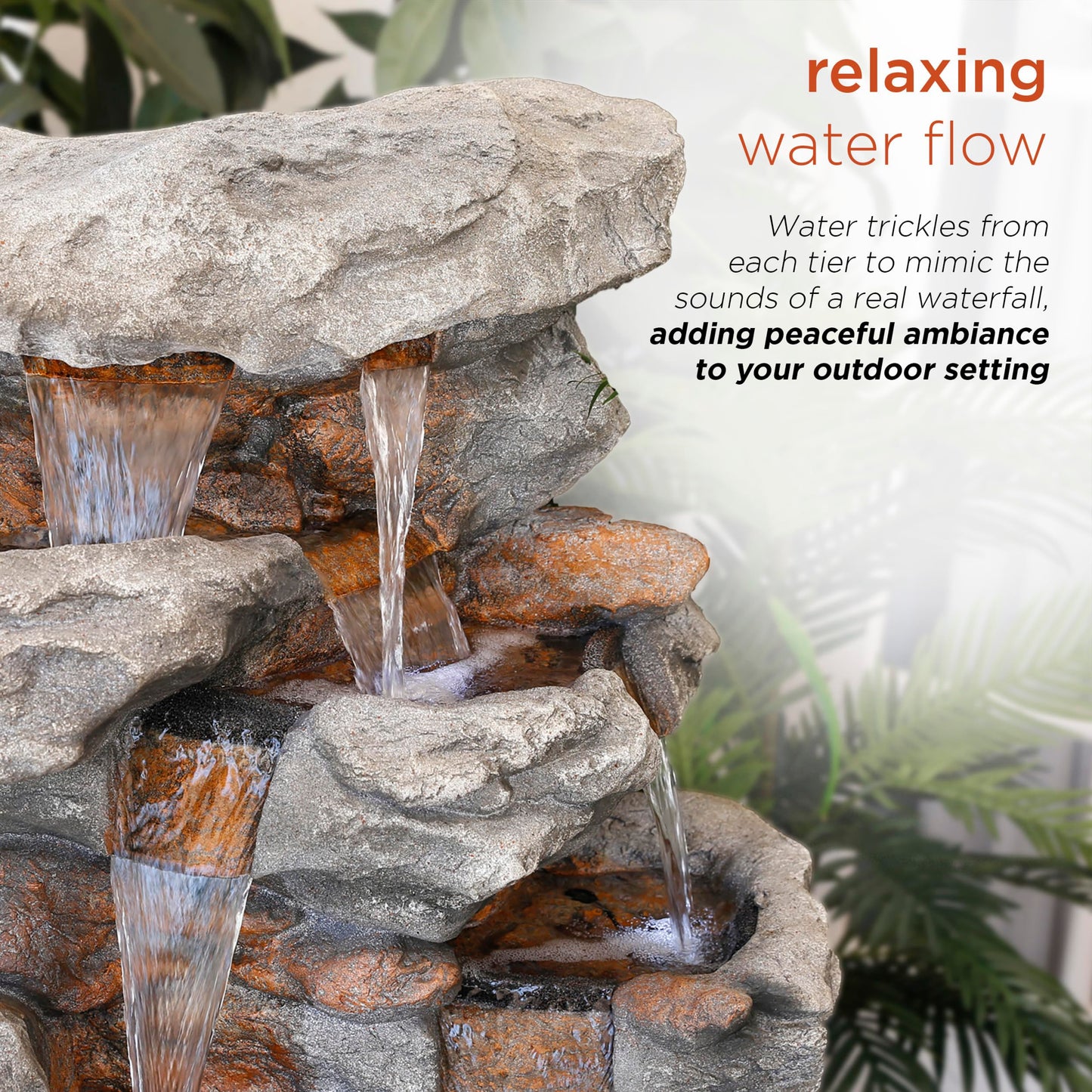Alpine Corporation WIN730 Outdoor Floor Tiered Rock Waterfall Fountain with LED Lights and Natural Stone Look, 52", Brown