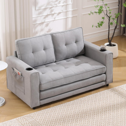 Trygoal Convertible Sofa Bed, Folding Loveseat Sleeper Sofa Bed with Pillows,Fold Out Floor Couch with Cup Holder, Fabric Pull Out Sleeper Couch Bed for Living Room, Bedroom Lounge, Light Gary