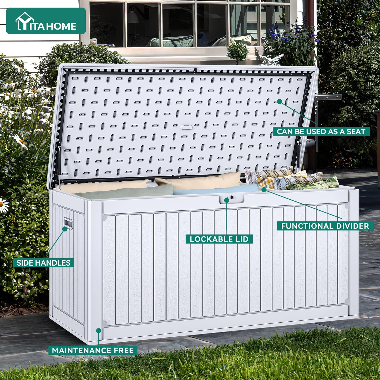 YITAHOME 320 Gallon Extra Large Deck Box, Double-Wall Resin Outdoor Storage Box with Flexible Divider for Patio Cushions Pool Supplies Garden Tools, 1000lbs Load Capacity, Lockable&Waterproof (White)