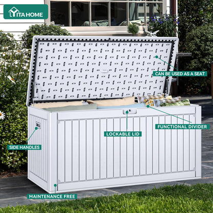 YITAHOME 320 Gallon Extra Large Deck Box, Double-Wall Resin Outdoor Storage Box with Flexible Divider for Patio Cushions Pool Supplies Garden Tools, 1000lbs Load Capacity, Lockable&Waterproof (White)