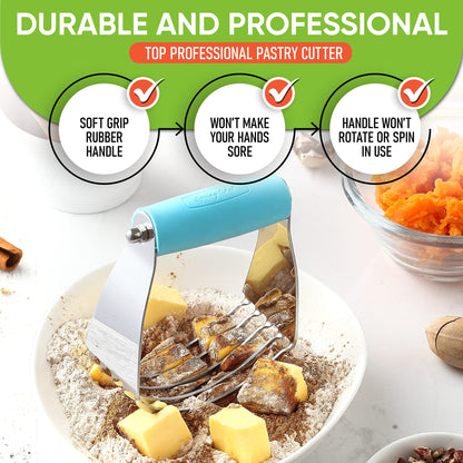 Spring Chef Dough Blender, Top Professional Pastry Cutter, Heavy Duty Baking Tool with Stainless Steel Blades, Medium Size, Aqua Sky