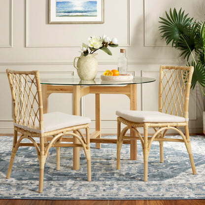 SAFAVIEH Home Collection Austri Natural Rattan/Linen Dining Chair Set of 2 with Cushion