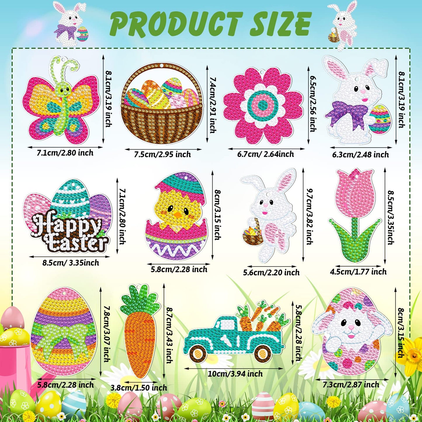 Ferraycle 12 Piece Easter Diamond Painting Kit 5d DIY Diamond Art Kits with Easter Egg Bunny Carrot Hanging Ornaments for Spring Crafts Family Decor