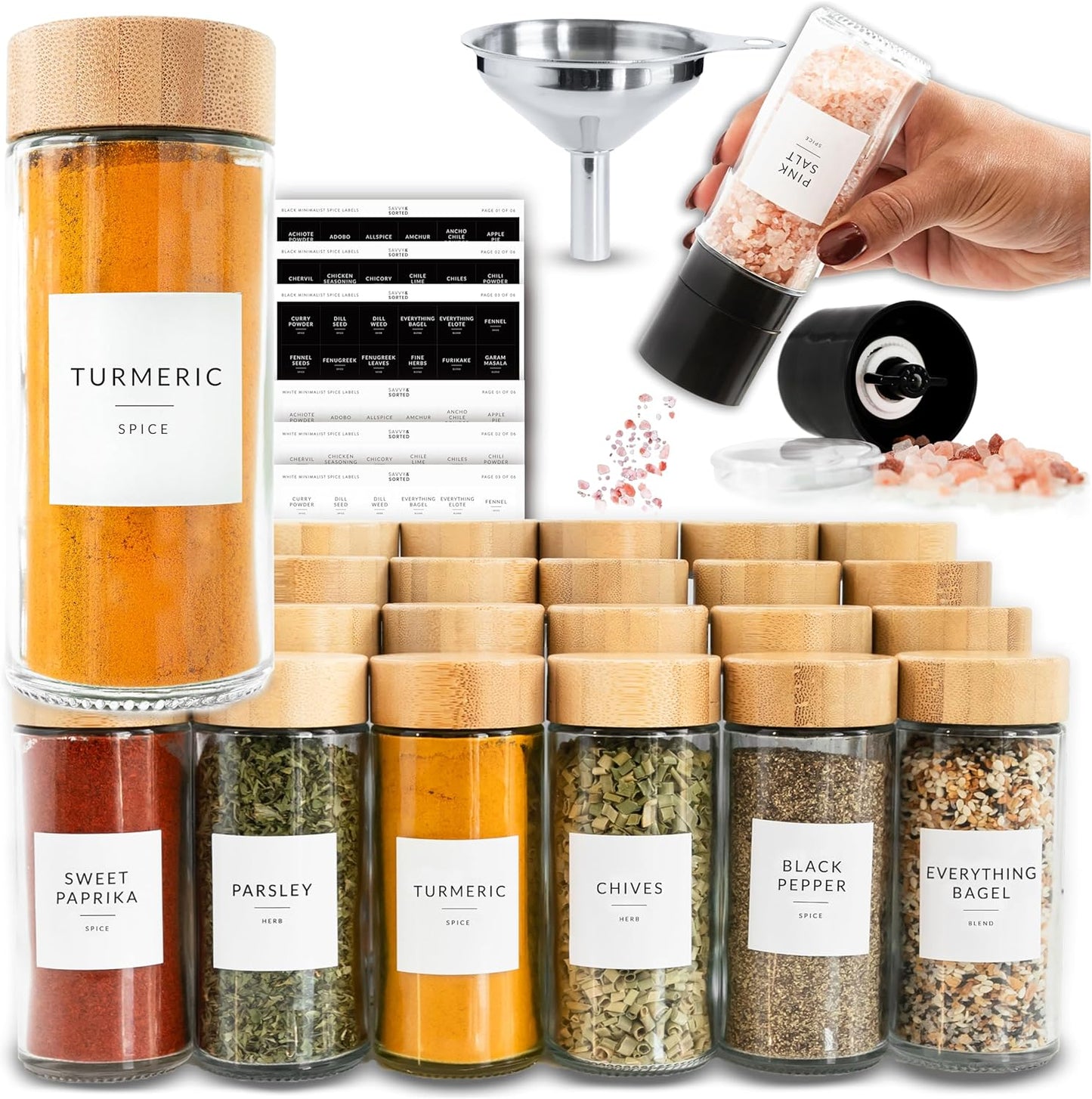 24PK Set 4oz, 374 SAVVY & SORTED Glass Spice Jars with Label, Round Bamboo Jar Spices Spice Labels, Pepper Grinder