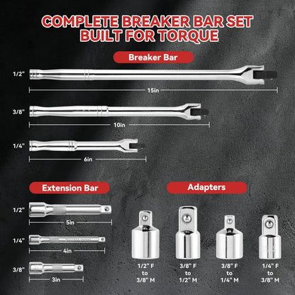 10 Piece Breaker Bar Set, 3/8" , 1/2" and 1/4" Drive, 180° Rotatable Head, 6'', 10'', 15'' Length, 3 Extension Bars, Organizer Case
