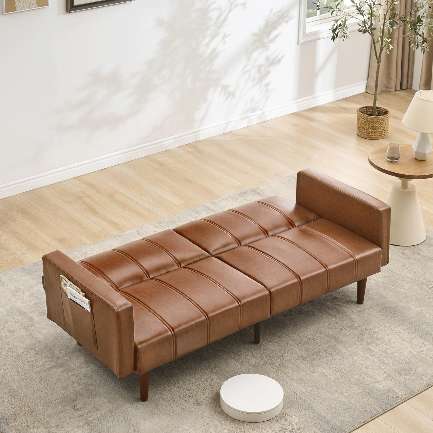 Garvee Modern Futon Sofa Bed, Convertible 75" Sleeper with Adjustable Backrest & Side Pockets, Mid-Century Brown PU Leather