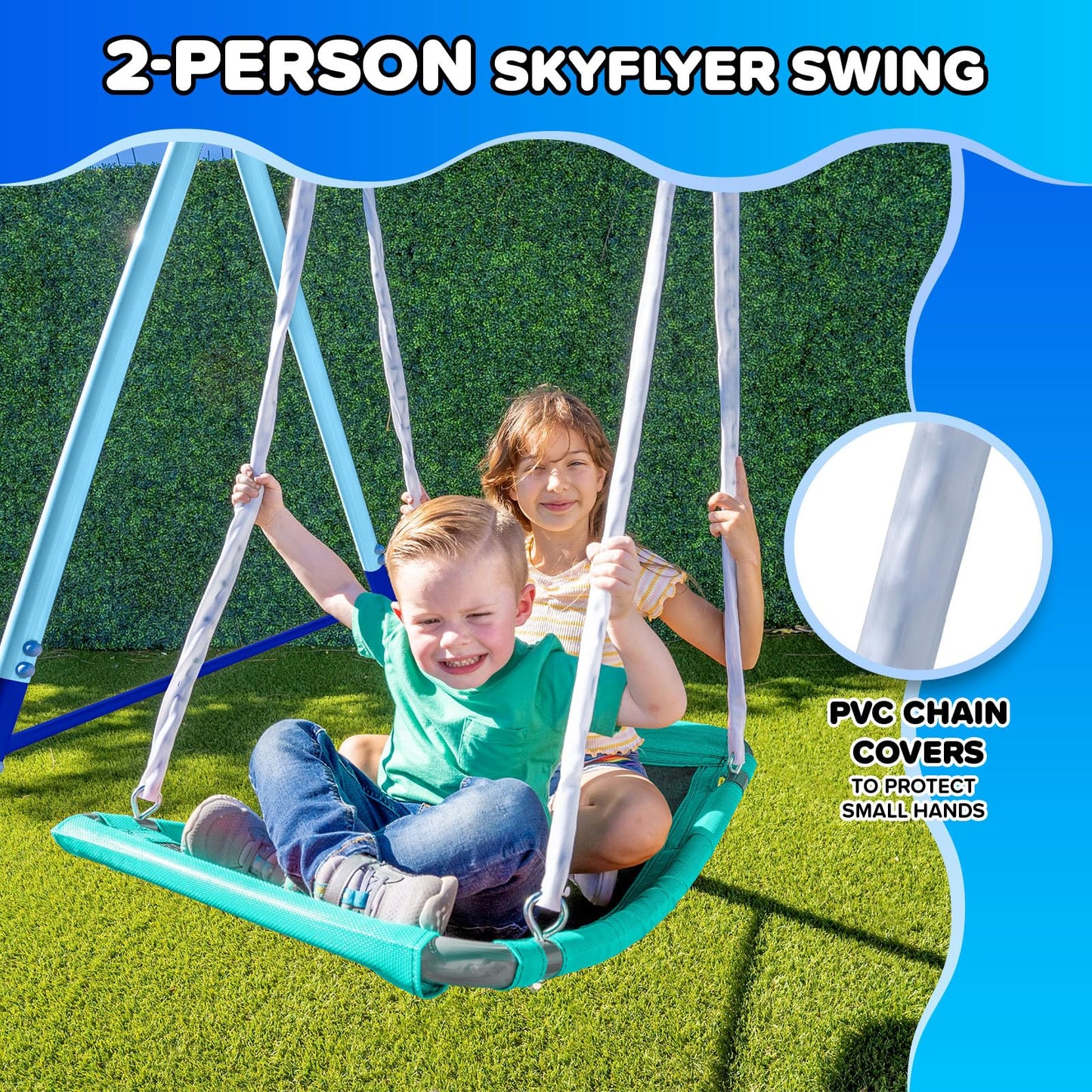 Sportspower Ramona Metal Swing Set 7-in 1: 3 Swings, Climbing Ladder and net, Basketball Hoop, and 5-ft Blow Molded Slide, 700lb Capacity, Yellow & Blue, Bonus Anchor kit Included