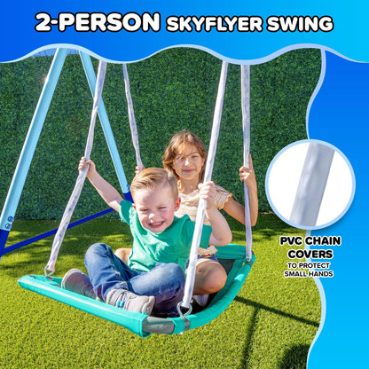 Sportspower Ramona Metal Swing Set 7-in 1: 3 Swings, Climbing Ladder and net, Basketball Hoop, and 5-ft Blow Molded Slide, 700lb Capacity, Yellow & Blue, Bonus Anchor kit Included
