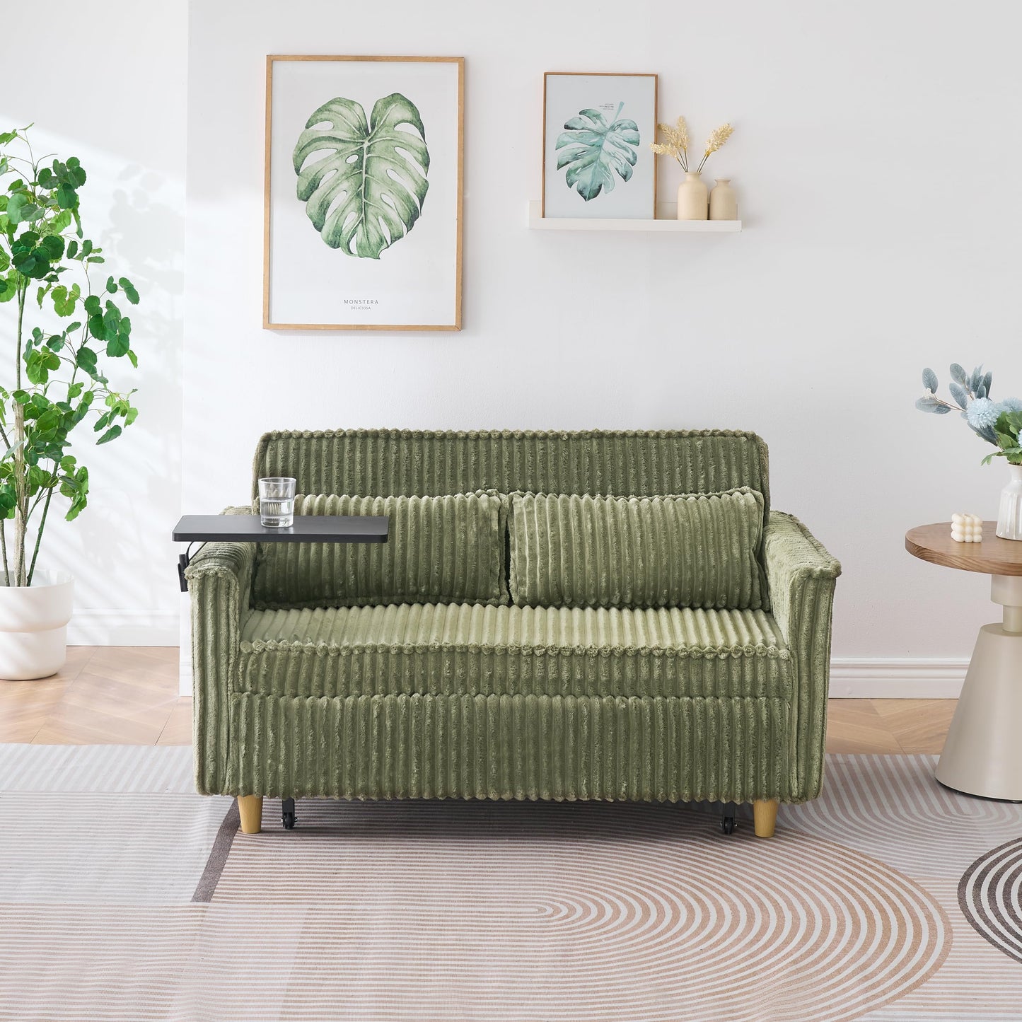KEIKI 54" 3-in-1 Convertible Sofa Bed – Corduroy Futon Sleeper with Pull-Out Bed, Movable Tabletop, USB Ports – Small Loveseat for Living Room, Bedroom – Green