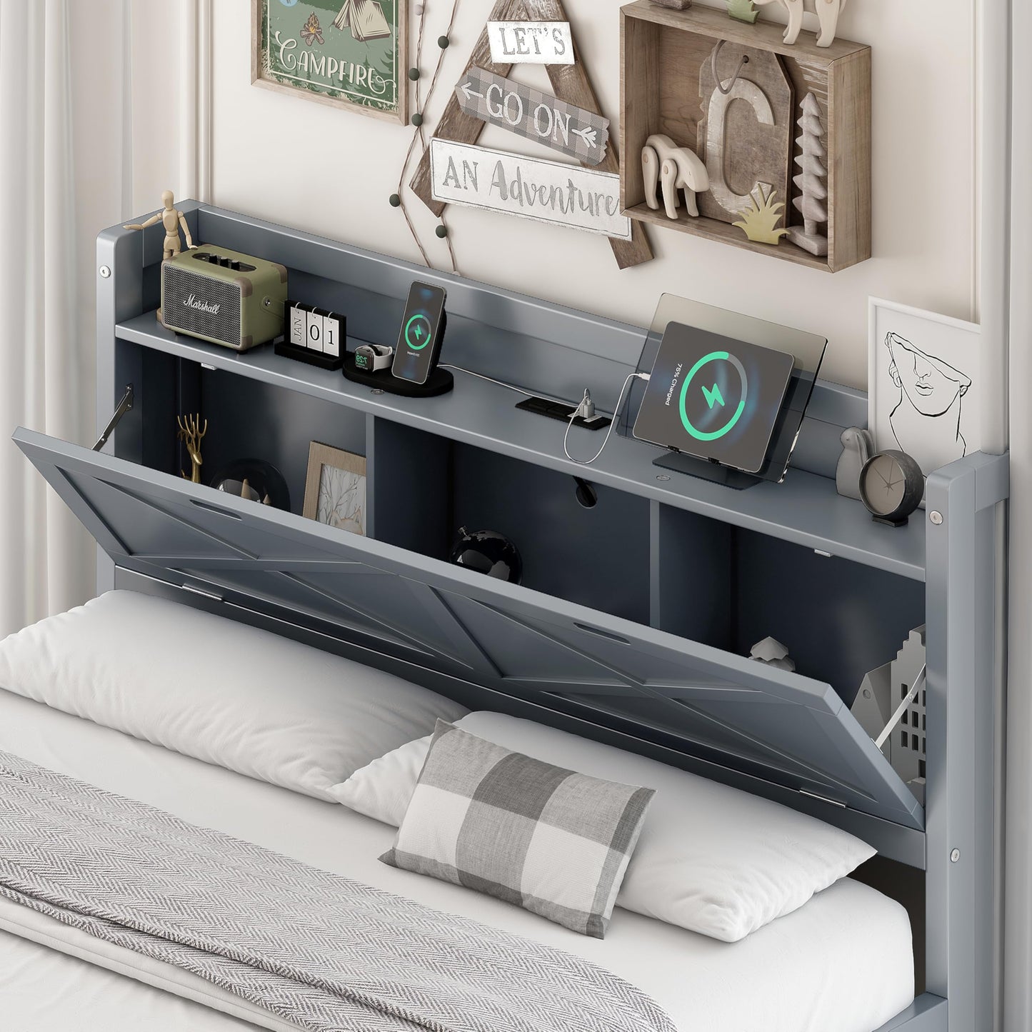 Full Size Wooden Bed with Storage Headboard with Outlets, Extendable with Twin Trundle with 3 Drawers