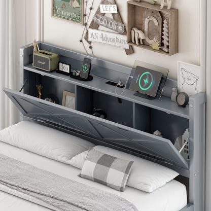 Full Size Wooden Bed with Storage Headboard with Outlets, Extendable with Twin Trundle with 3 Drawers