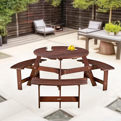 Royard Oaktree 6 Person Wooden Picnic Table, Outdoor Round Picnic Table with 3 Built-in Benches and Umbrella Hole, Outside Table and Bench Set for Backyard, Garden, Porch, Patio, Brown