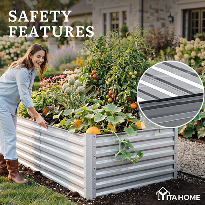 YITAHOME 8x4x2 ft 4pcs Galvanized Raised Garden Bed Kit, Large Metal Planter Box with Gloves, Safety Rubber & Support Rod, Outdoor Flower Bed for Plants Vegetables, Silver