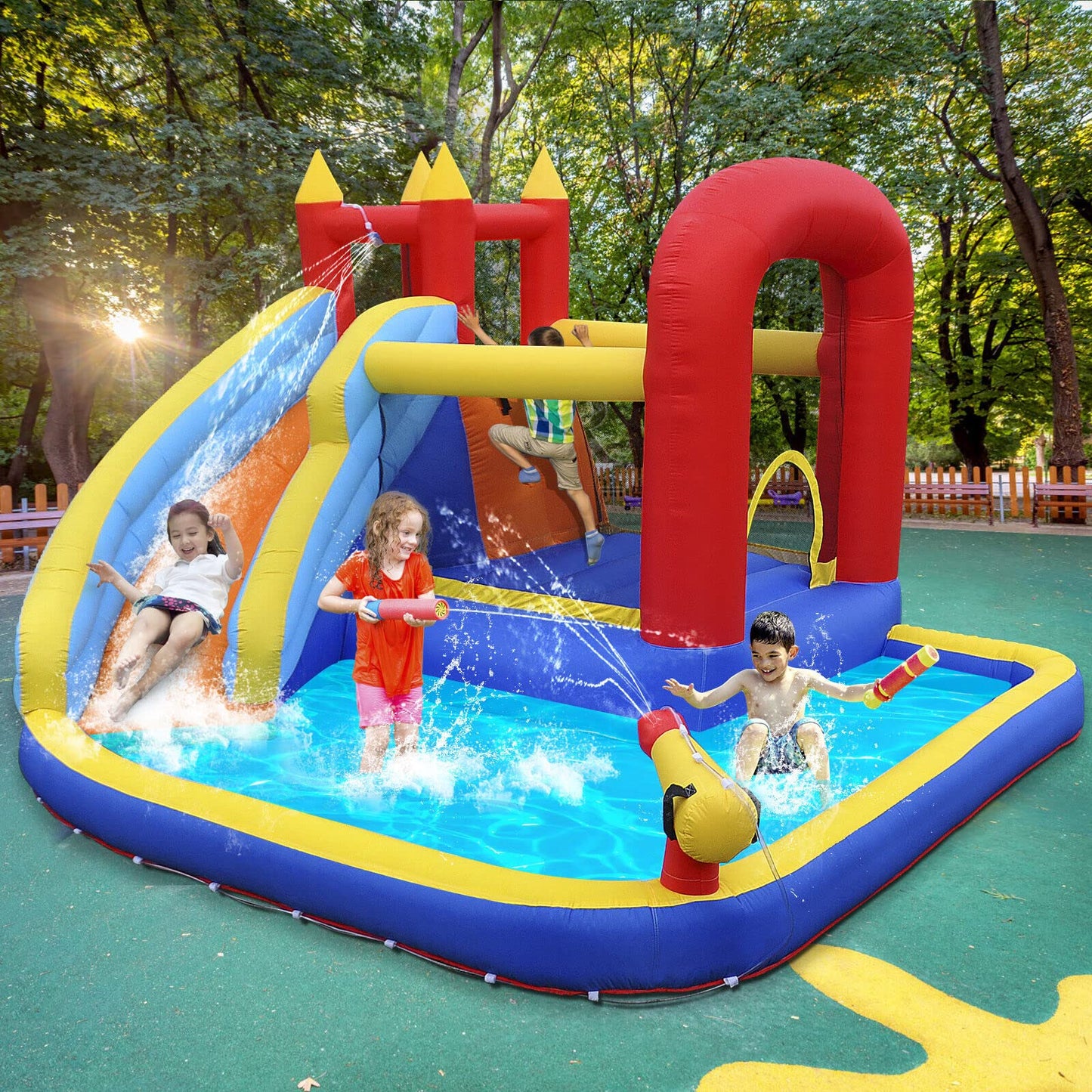 JOYLDIAS Inflatable Water Slide Bounce House,Slide Bouncer Castle Playhouse w/Splash Pool,Jump Area, Climbing Wall,Basketball Hoop,450W Air Blower for Kids Backyard Indoor Outdoor Use,Free Water Gun