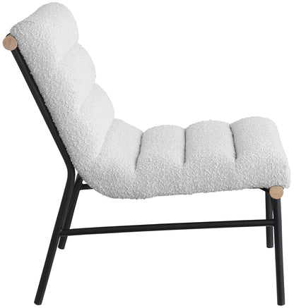 Meridian Furniture 411Cream Burke Collection Modern | Contemporary Accent Chair, Rich Cream Boucle Fabric, Black Vegan Leather Straps, Matte Black Metal Frame, 24.5" W x 29.5" D x 31.5" H, Cream