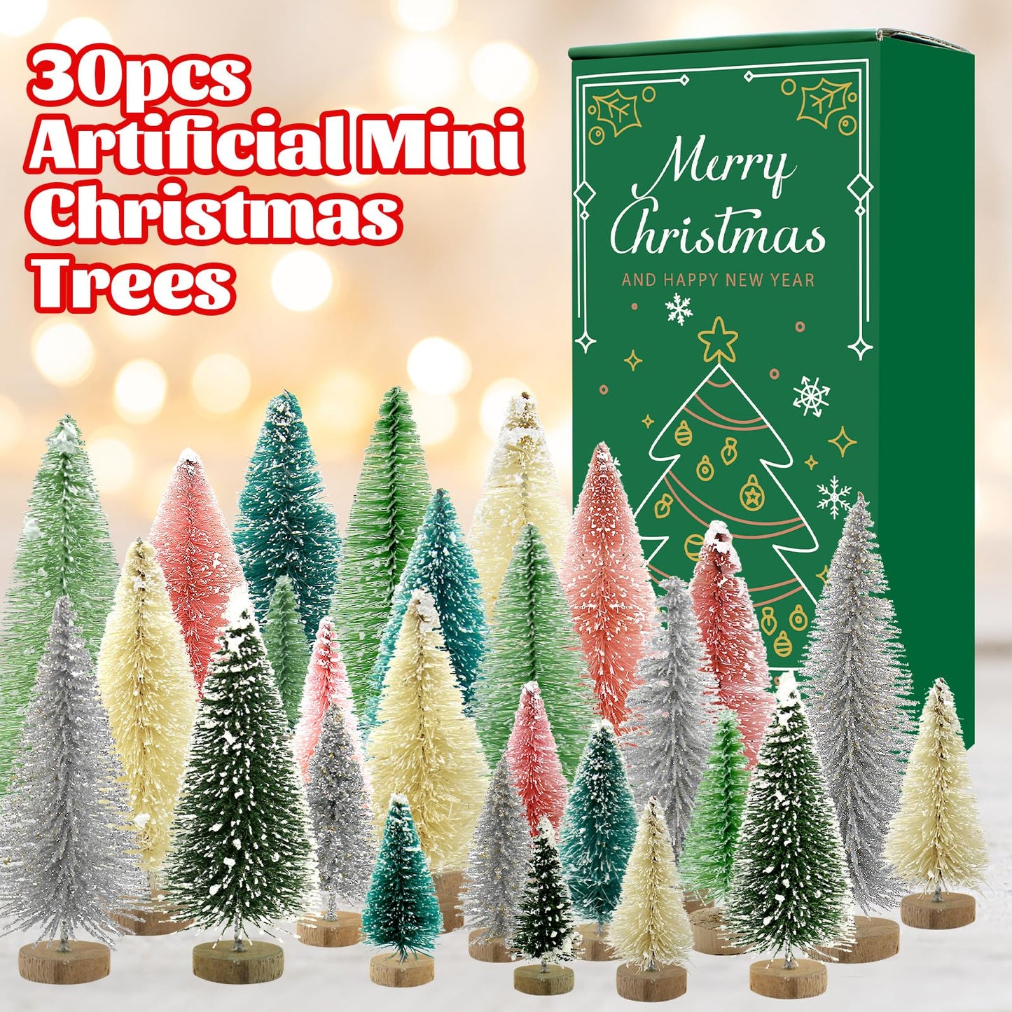 30 PCS Mini Bottle Brush Christmas Trees with Wood Base, Small Pine Tree Sisal Trees for Christmas Table Top Decor Winter Crafts Ornaments