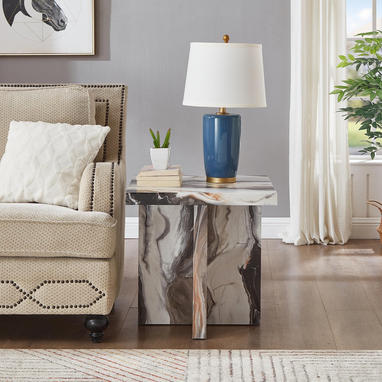 Roundhill Furniture Mchome 3-Piece Coffee Table Set, Coffee Table and Two End Tables, Off-White Faux Marble