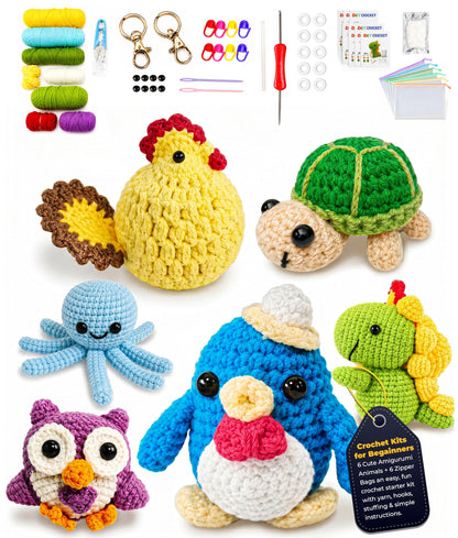 Crochet Kits for Begainners – 6 pcs Animal Amigurumi Set, 6 pcs Zipper Bag, Beginner Crochet Starter Pack for Adults & Kids, Learn to DIY Craft Stitch with Yarn, Hooks, Stuffing & Paper Instructions