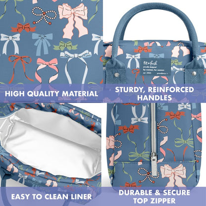 Fit & Fresh Bloomington Lunch Bag for Women - Insulated Large Lunch Box for Work with Containers, Leak-Resistant, Stain-Resistant, Zipper Closure, Denim Bows