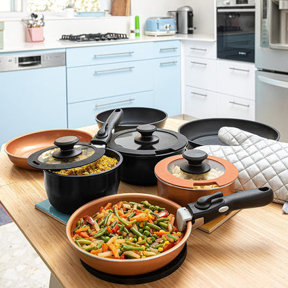 Moss & Stone Nonstick Cookware Set - 10-Piece Space-Saving Pots and Pans with Removable Handles | RV & Induction Ready