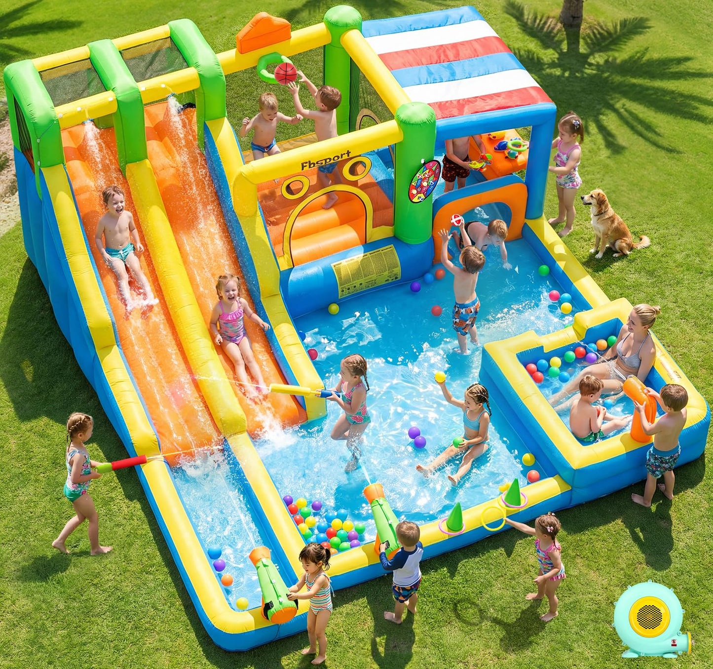 FBSPORT Inflatable Bounce House Double Water Slide,11 in 1 Inflatable Water Slide Park with 680W Blower, Splash Pool, Climbing Wall, Bouncy Castle for Indoor Outdoor Backyard