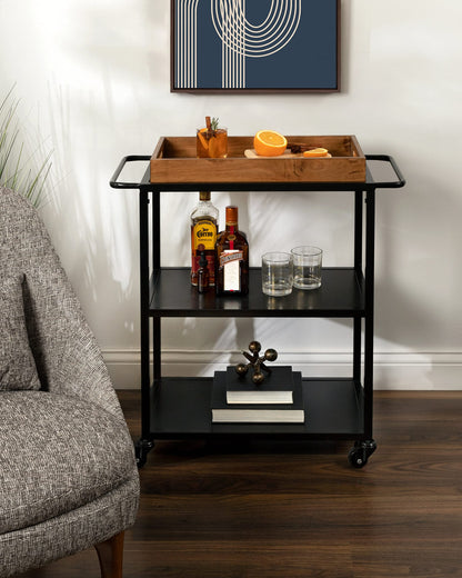 Kate and Laurel Giles Modern Bar Cart; 28 x 13 x 30; Rustic Brown and Black; Decorative Farmhouse Two-Tier Bar Carts with Locking Wheels for Serving; Storage; and Display