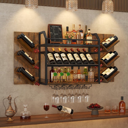 Hoctieon Wall Mounted Wine Rack, 3 Tier Hanging Wine Racks with Glass Holder, Large Capacity Bar Shelves, Metal Wood Bottle Display Storage for Kitchen, Home Bar, Dining Room, Rustic Brown