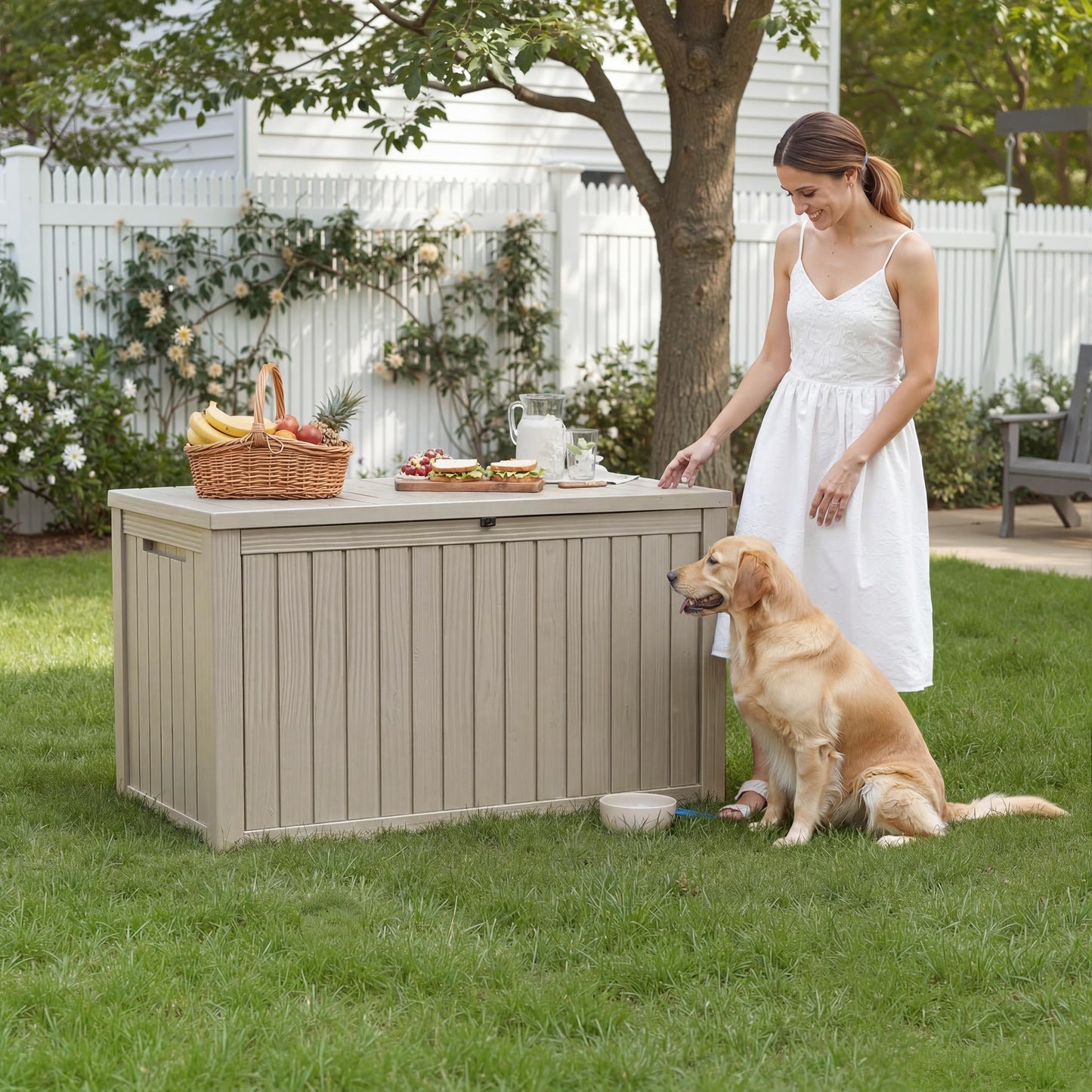 FICARTS Deck Storage Box, Waterproof Outdoor Storage Bin with Lockable Lid, Weatherproof Patio Deck Box for Garden Tools, Pool Supplies & Patio Accessories (Grey,230GAL)