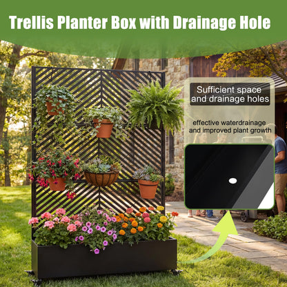 KEIKI 73"x47"x16" Planter Trellis Box with Wheels & Drain Plug, Outdoor Resin Raised Garden Bed for Climbing Plants, Large Weather-Resistant Design, Black