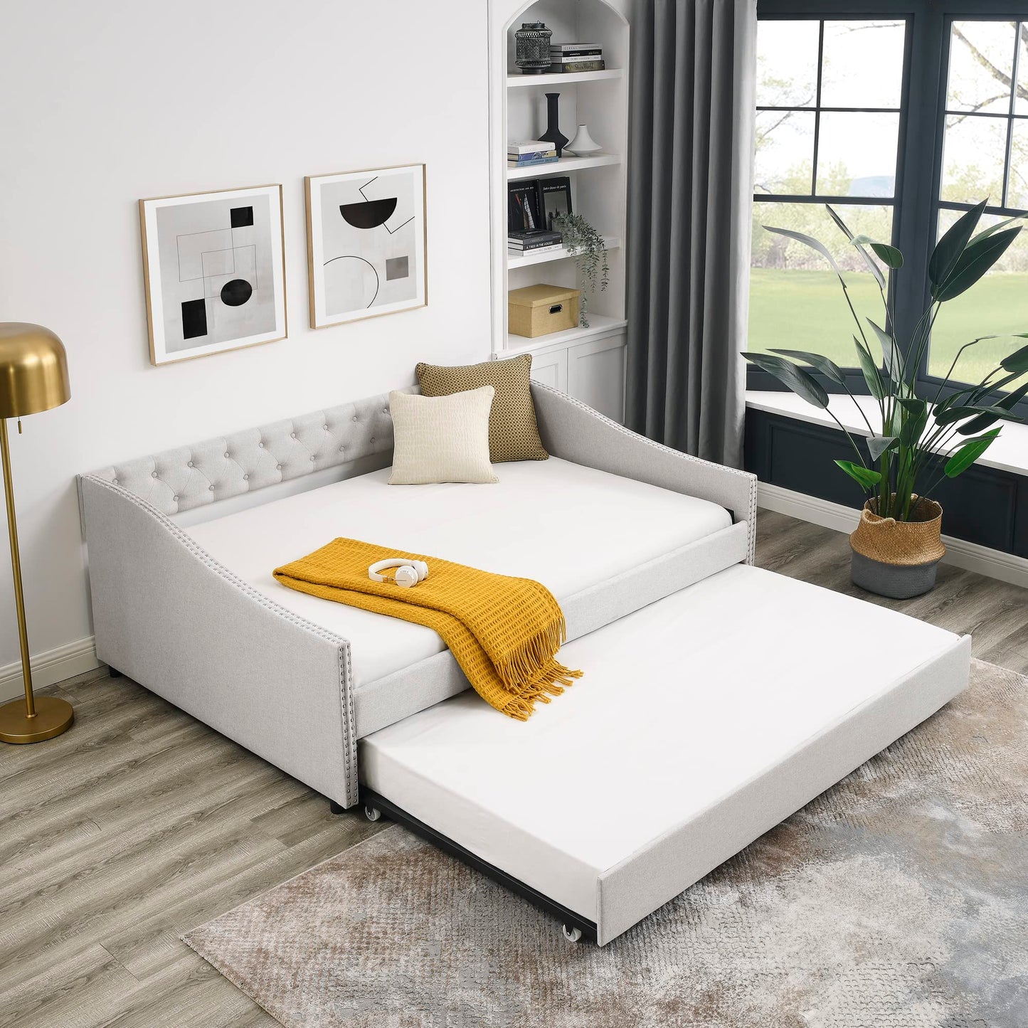 Favfurish Full Size Daybed with Twin Size Trundle, Upholstered Tufted Sofa Bed, with Nailhead Trim,with Button on Back,for Bedroom,Livingroom,Small Space,Beige (80.5''x55.5''x27.5'')
