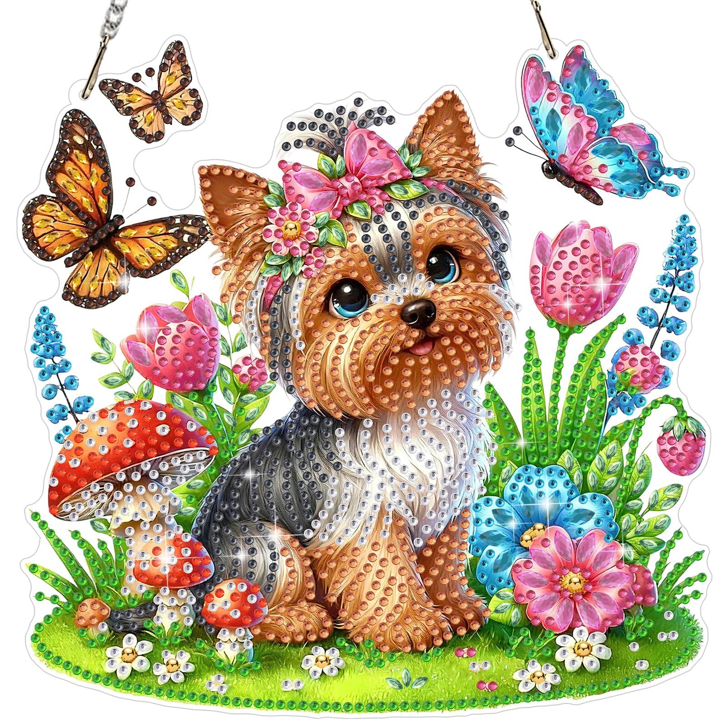 MEIYUDA Flowers Dog Diamond Art Hanging Kits for Adult, Yorkshire Puppy Diamond Painting Hanging Kits Ornaments, DIY Special Shaped Rhinestone Window Pendants Kit for Home Garden Wall Decor Gift
