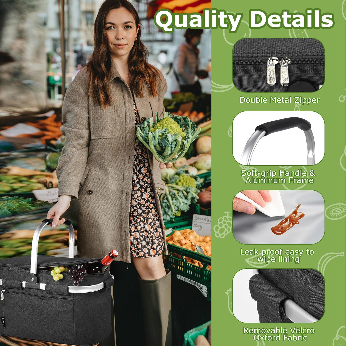Tirrinia Large Insulated Picnic Basket, 34L Water Resistant & Leakproof Collapsible Portable Cooler Basket Set with Aluminium Handle for Travel,Foldable Grocery Bag, Black