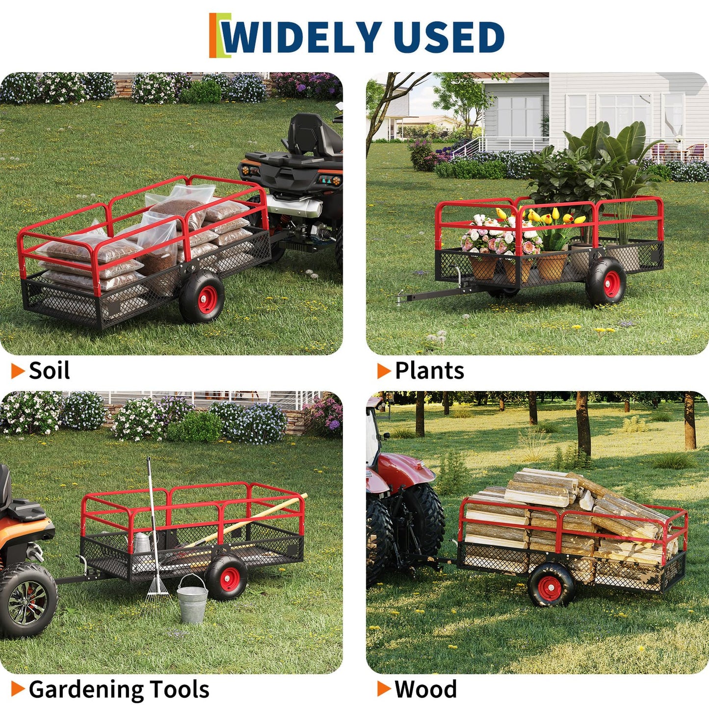 PeakPursuit Tow Behind Steel Dump Cart, Heavy Duty Yard Garden Trailer with Removable Sides & All Terrain Tires, Fits Lawn Mower, Tractor, Garden Cart, 1600 lbs 22 Cubic Feet, Red